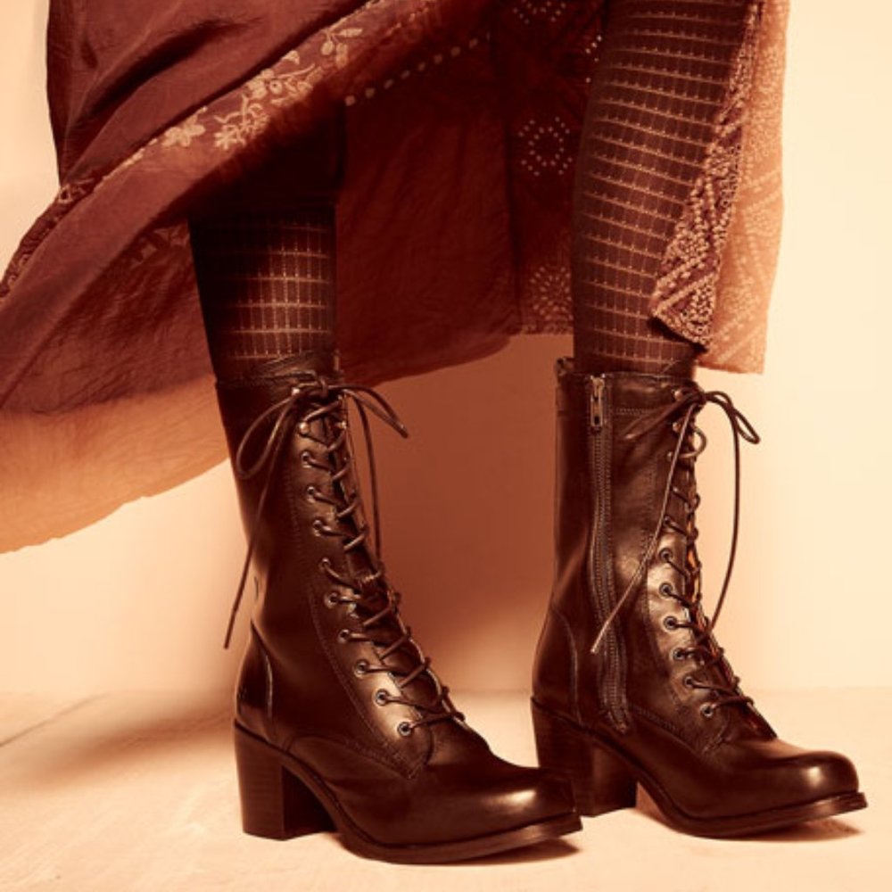 $429 Frye Kendall Lace Up Brown Genuine Leather Mid-Calf Heeled ZipUp Ankle Boot - Picture 4 of 16